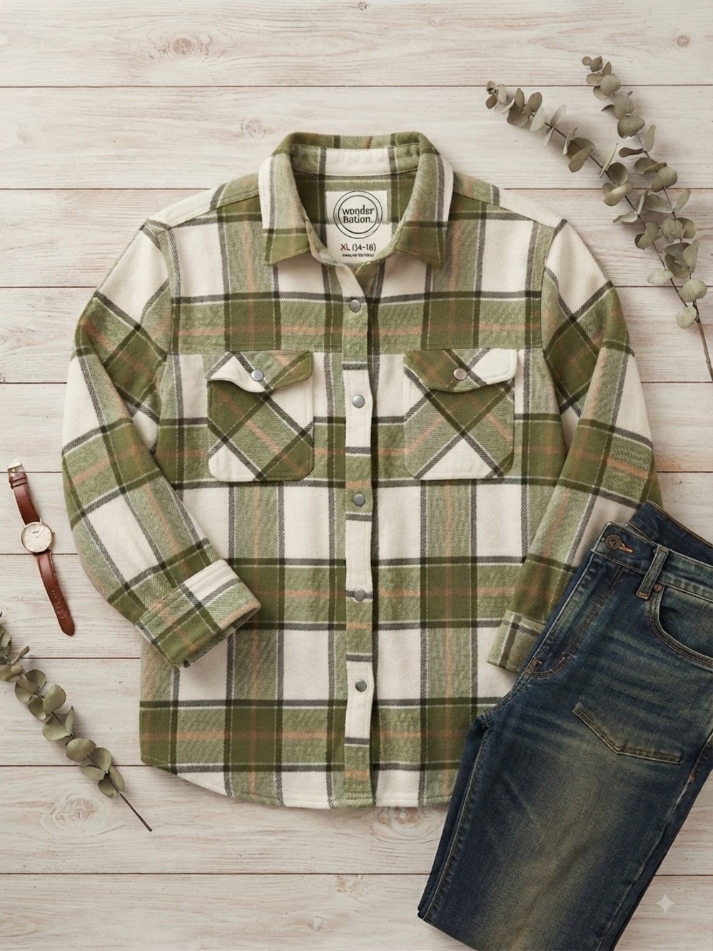 wonder nation Olive and Cream Plaid Button-Down Shirt Jacket for Men